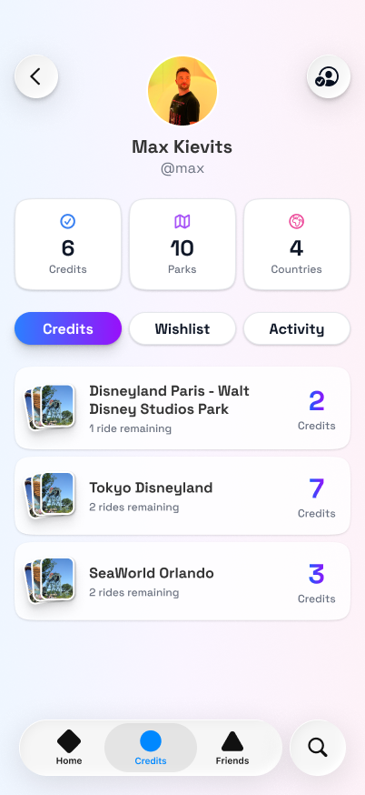 Friend profile screen showing credits, parks, countries, and comparison-related information