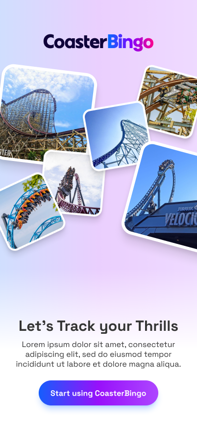 CoasterBingo onboarding screen with app branding and start button